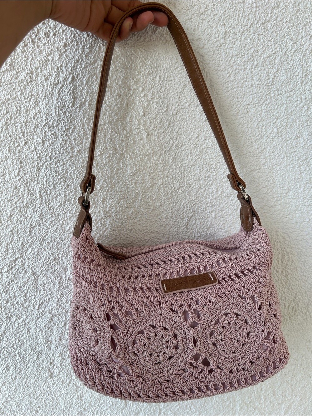 Blush Crochet Shoulder Bag with Brown Strap